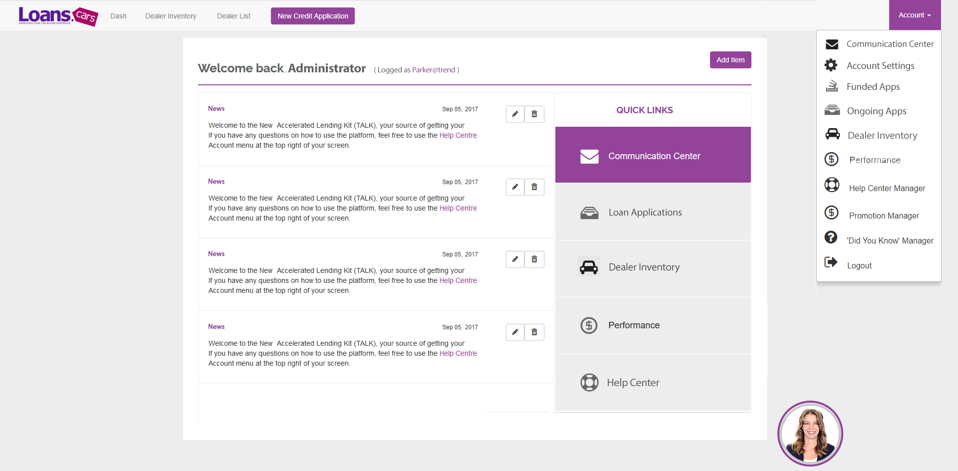 Admin: dashboard announcements