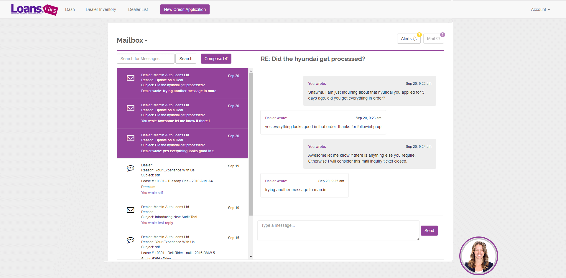 Admin: mailbox conversation with dealer